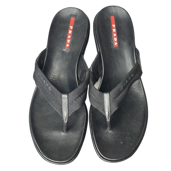 PRADA VINTAGE THONG SANDAL BLACK CANVAS THONG w/ BLACK LEATHER WRAPED WEDGE SZ 7 - Picture 4 of 12